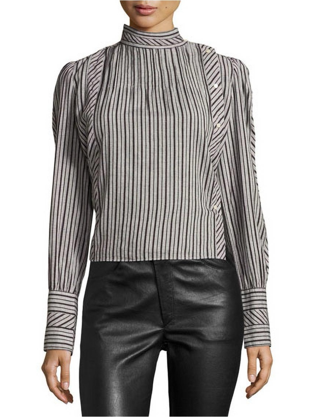 $315 Isabel Marant Etoile Striped Mock-Neck Long-Sleeve Top in Black and White